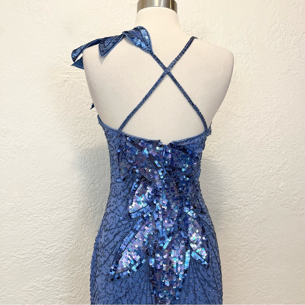 Vintage NiteLine Dress Blue Silk Chiffon Beaded Sequins 70s 80s Party XS S - Picture 6 of 11